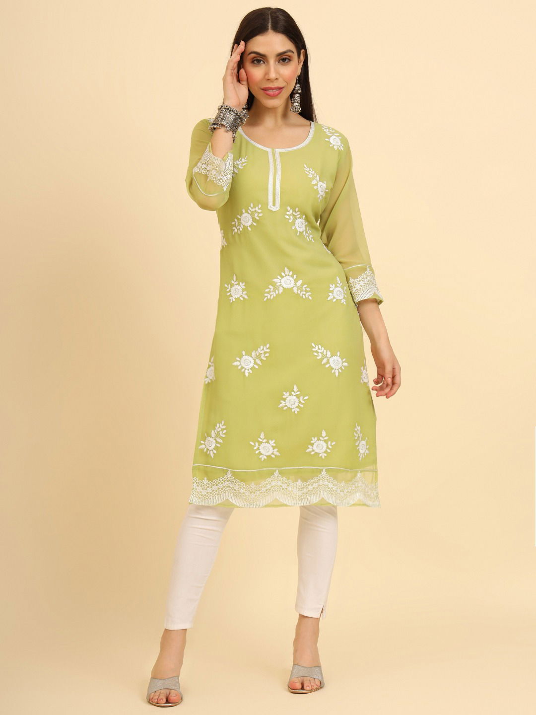 Albeli Designer Lucknowi Chikankari Work Georgette Kurtis Wholesale Shop In Surat
